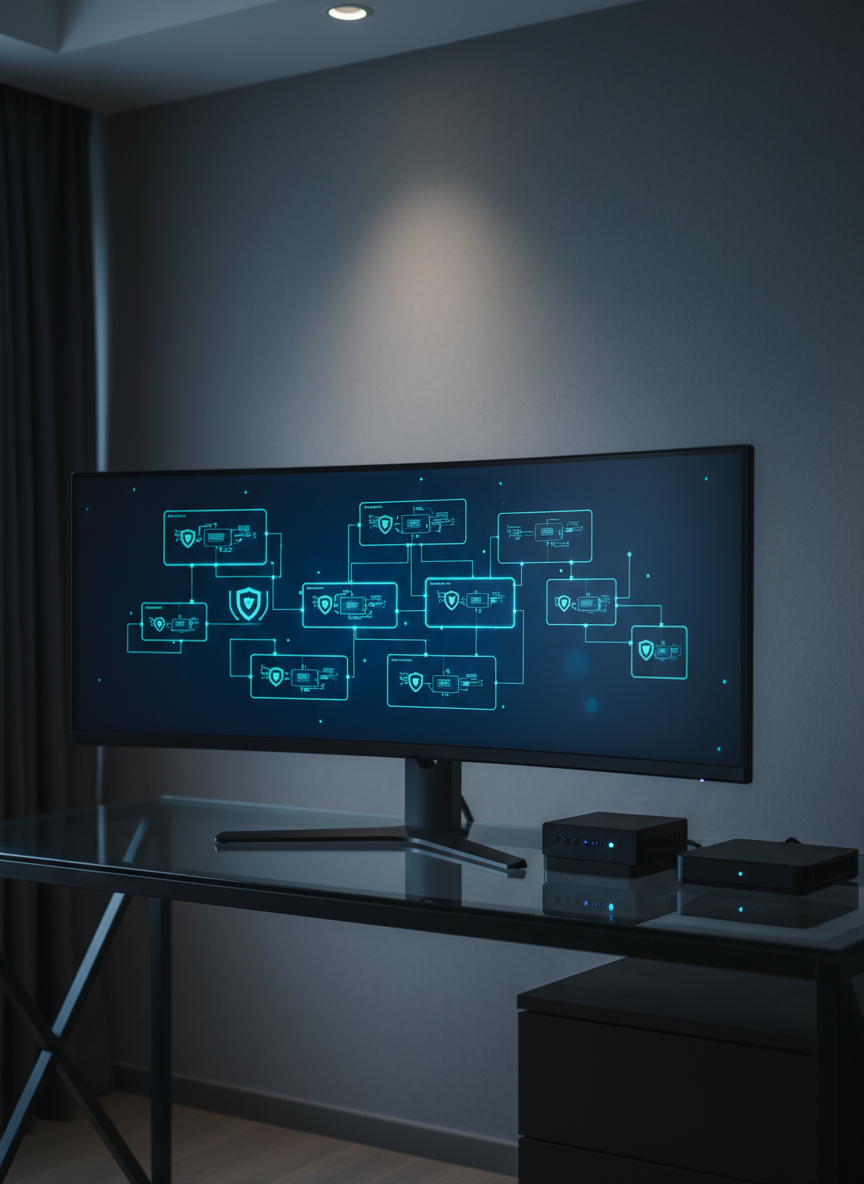 A dark glass-topped desk holds a single, large ultra-wide monitor displaying a stylized network diagram: secure connections, segmented subnets, and shield icons in vibrant blues and teals against a deep navy background. Beside the monitor, a small hardware security module and a sleek external backup drive sit on a minimalist black stand, their tiny LEDs softly illuminated. Subtle overhead LED strip lighting casts a refined, cool-toned glow, while a narrow beam of side light creates a gentle gradient across the wall behind. Photographic realism with an eye-level composition and shallow depth of field keeps the monitor in crisp focus, producing a calm, analytical, and highly professional atmosphere that reflects advanced cybersecurity architecture and managed protection services.
