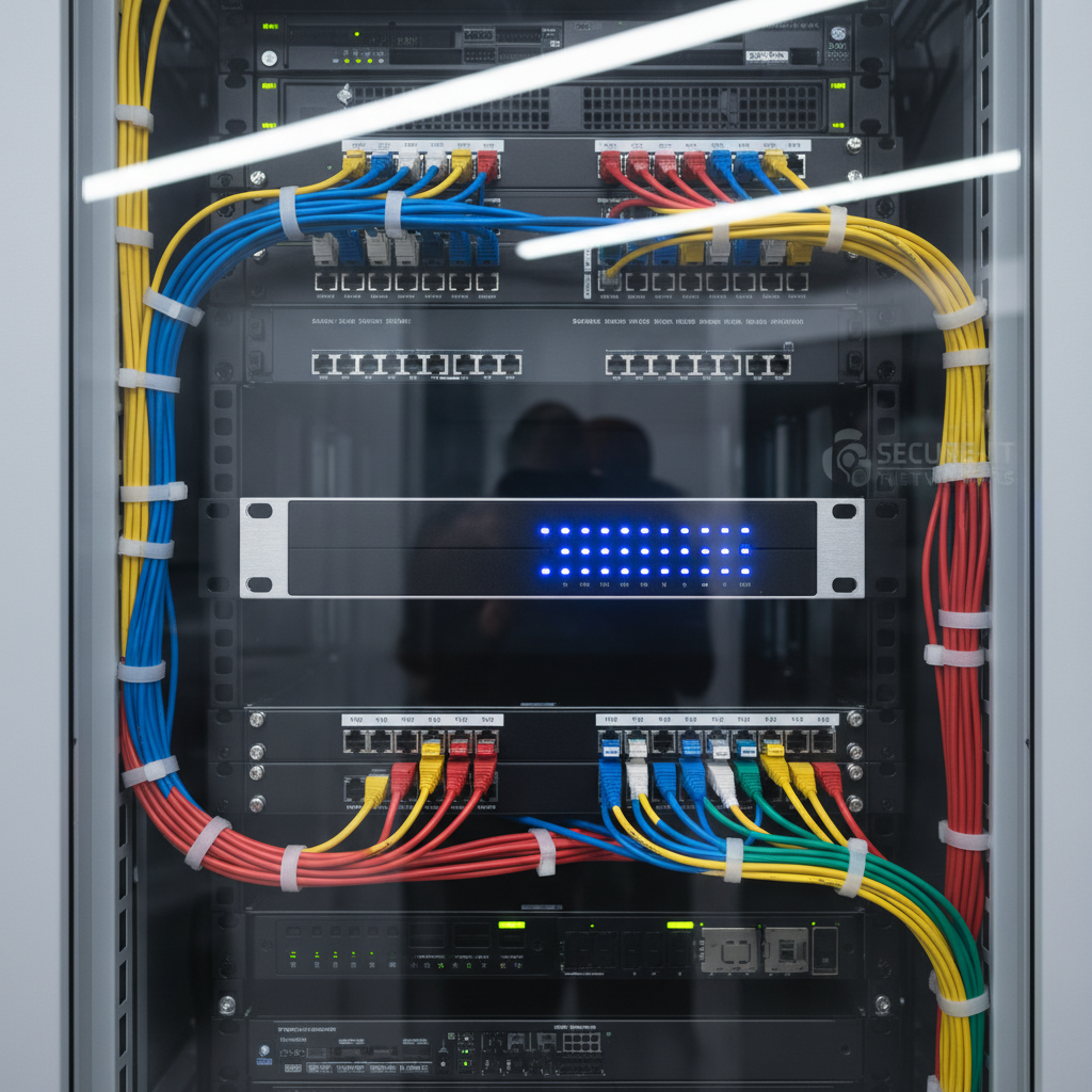 A sleek black 1U rack-mounted firewall appliance with glowing blue LED indicators and brushed metal side panels sits centered in a pristine, glass-front network rack. Around it, neatly bundled color-coded Ethernet cables flow into labeled switches, all meticulously organized. Cool white overhead data center lighting reflects subtly off the metal surfaces, creating crisp highlights and soft shadows between devices. The photographic realism emphasizes sharp details and clean lines, with a shallow depth of field gently blurring the deeper rows of equipment. Shot at eye level using a rule-of-thirds composition, the mood is professional, secure, and highly organized, conveying robust managed IT and cybersecurity infrastructure for modern SMB and mid-market environments.
