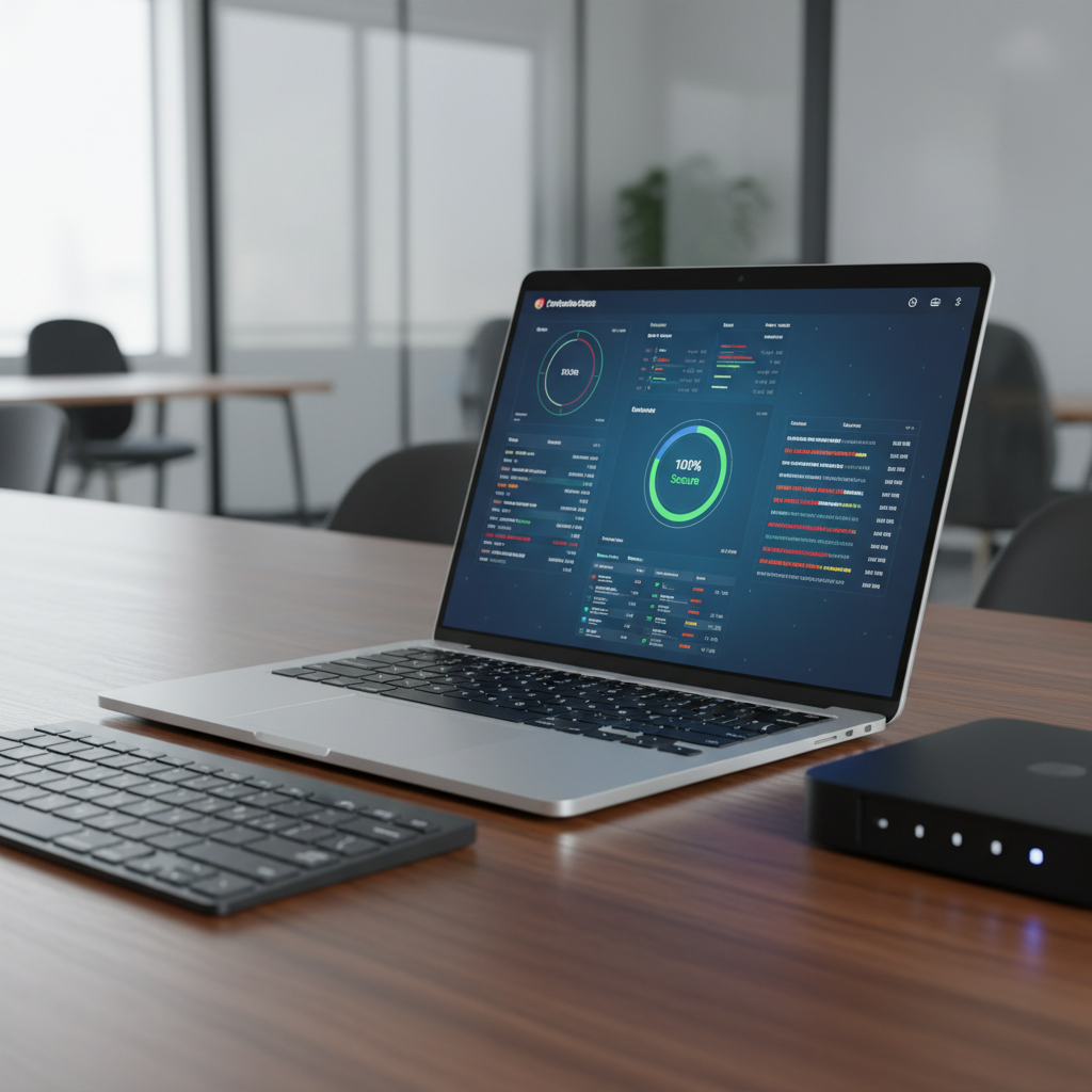 A modern, ultra-thin silver laptop with a high-resolution screen displays a detailed cybersecurity dashboard filled with clean graphs, threat alerts, and network health indicators in cool blues and greens. The laptop rests on a tidy dark wood desk beside a matte-black wireless keyboard and a compact, enterprise-grade router with discreet status lights. Soft, diffused daylight from an unseen window washes across the desk, creating a calm, focused atmosphere with gentle highlights on the metallic surfaces. The background is intentionally blurred, suggesting a contemporary office with glass partitions. Captured from a slightly elevated three-quarter angle with photographic realism, the composition is clean and minimal, emphasizing clarity, control, and professional managed IT services for business teams.