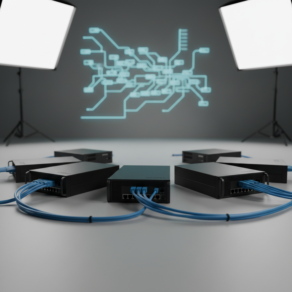 A cluster of matte-black network switches and compact servers with subtle branding is arranged in a semi-circle on a smooth grey studio surface, each device connected by gracefully curving, neatly organized blue Ethernet cables. Above, controlled soft-box studio lighting creates even, shadow-free illumination, with delicate reflections along the beveled edges and ventilation grills. In the softly blurred background, a faint outline of a large wall-mounted digital map of a network topology glows in cool cyan tones. Shot from a low, slightly off-center angle in photographic realism, the composition uses asymmetrical balance and negative space to convey scalability, reliability, and a modern, professional approach to IT infrastructure design and management.